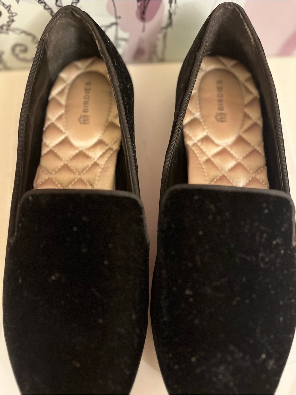 Birdies Luxe Black Velvet Quilted Gold Insole Loafers - Size 7.5